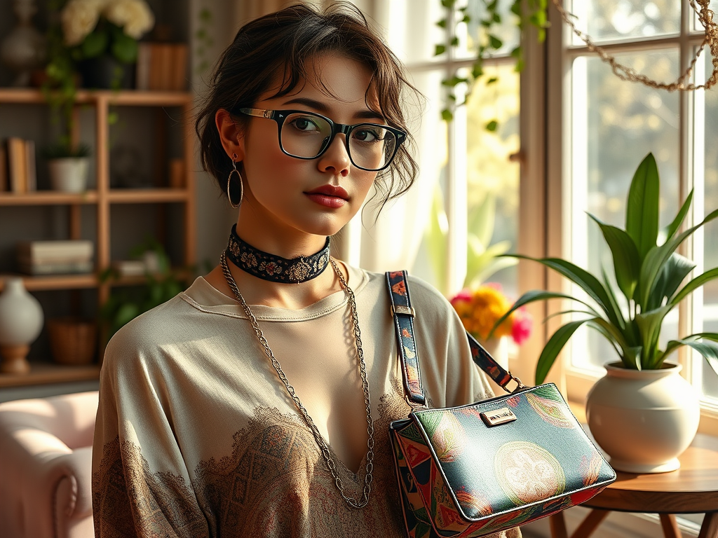 Une femme souriante portant des lunettes, un collier et un sac coloré, posant dans une pièce lumineuse et décorée.