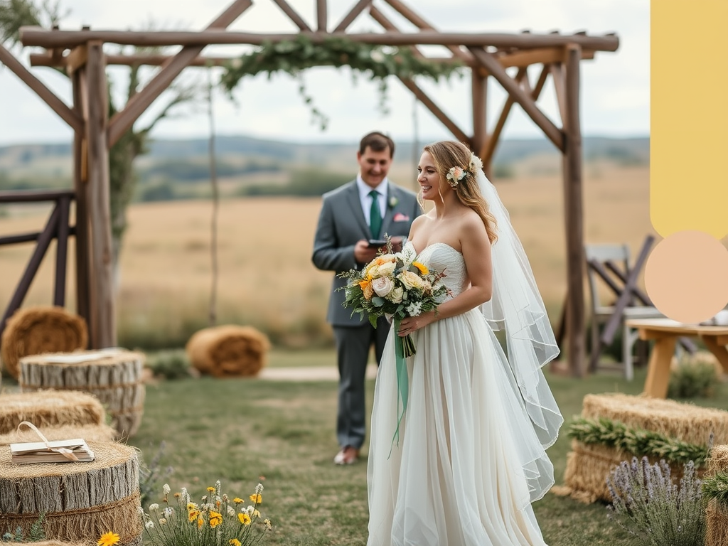 Une mariée souriante avec un bouquet se tient devant un homme en costume, dans un cadre en plein air.