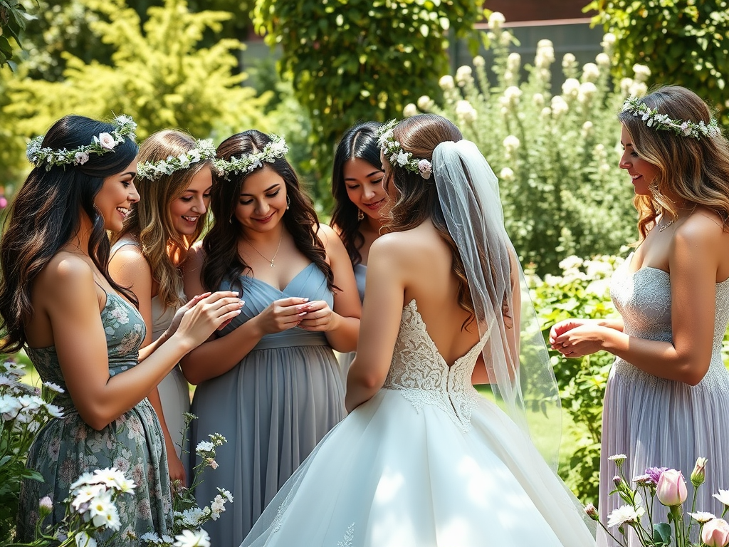 Un groupe de jeunes femmes en robes élégantes s'enthousiasme dans un jardin fleuri lors d'un événement spécial.