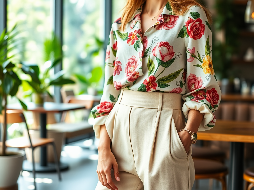 Femme blonde portant une chemise à fleurs colorées et un pantalon beige dans un café lumineux, entourée de plantes.