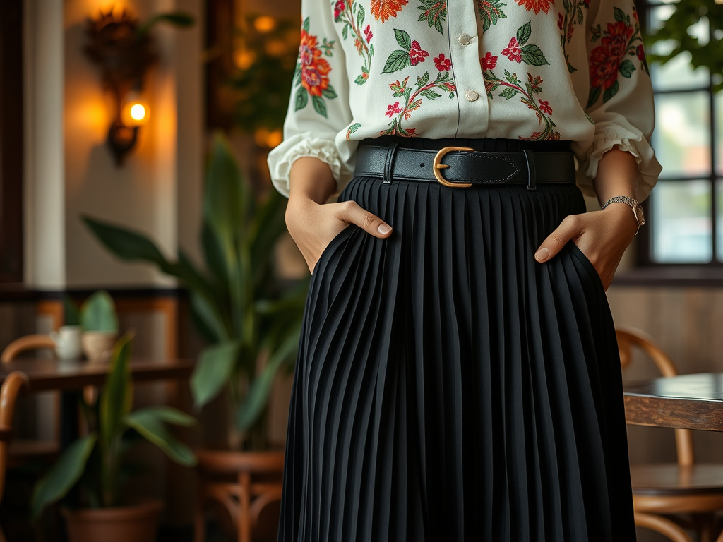 Une femme porte une blouse brodée et une jupes plissée noire, les mains dans les poches, dans un café.