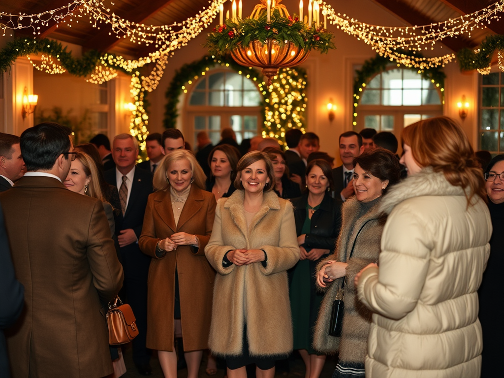 Un groupe de personnes souriantes lors d'une soirée festive, decorée de lumières et de guirlandes.