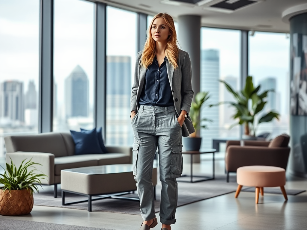 Une femme en tenue professionnelle se tient dans un bureau moderne avec vue sur la ville.