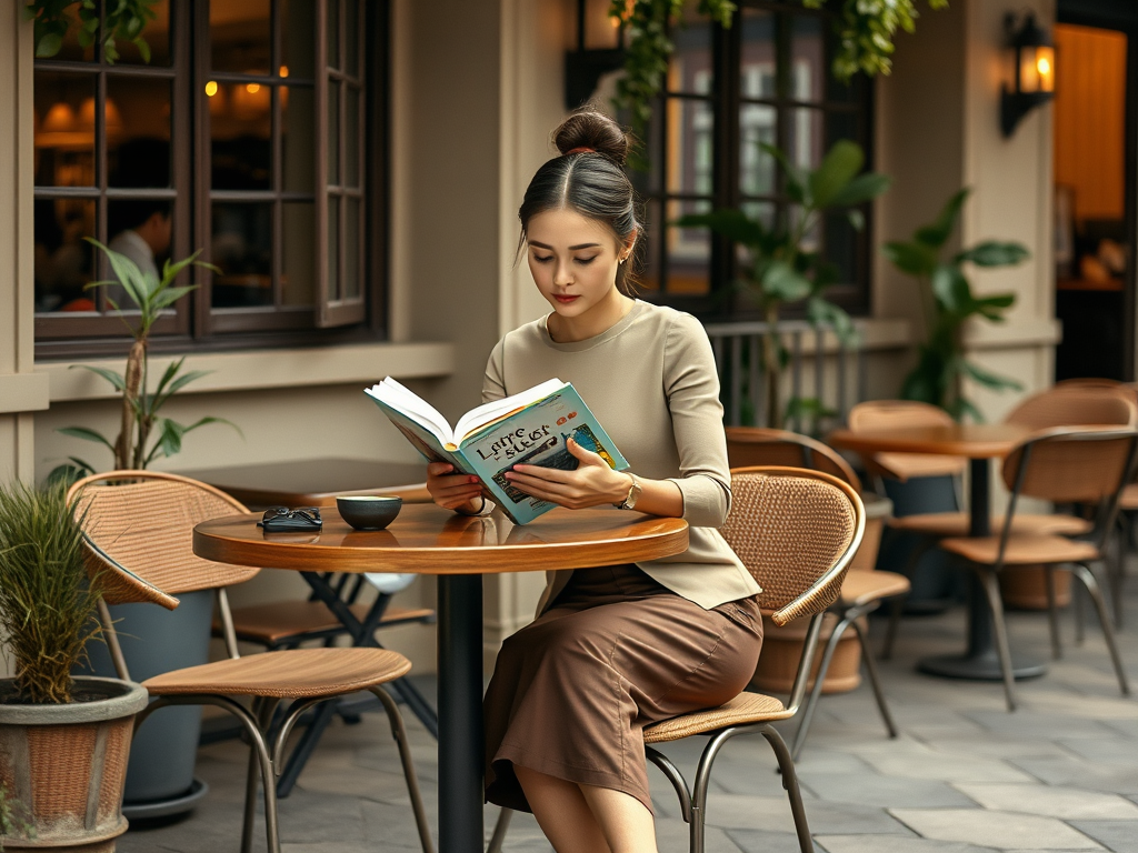 Une jeune femme lit un livre assise à une table dans un café avec des plantes autour.