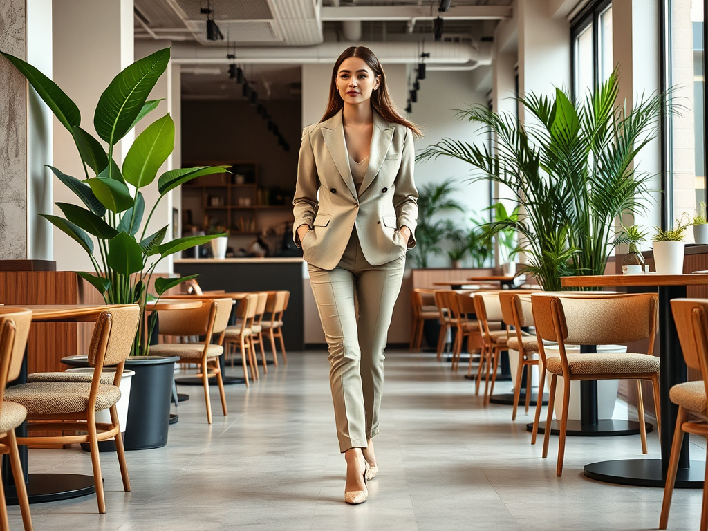 Une femme élégante en costume marche dans un café lumineux et moderne, entourée de plantes et de tables.