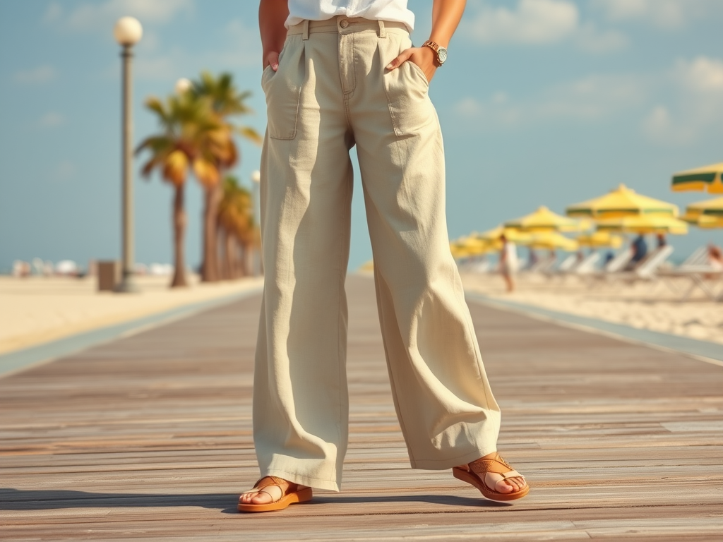 Une personne se tient sur un chemin en bois, portant un pantalon beige et des sandales, avec des palmiers en arrière-plan.