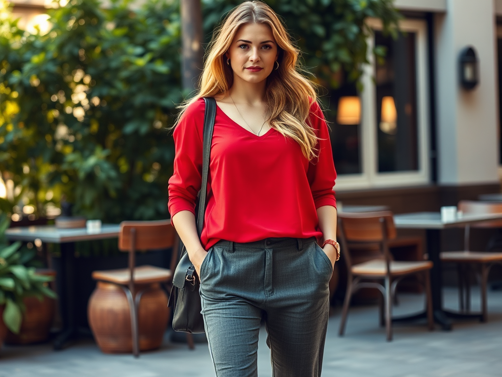 Une femme élégante, en chemisier rouge et pantalon gris, se promène dans un café avec des plantes autour.