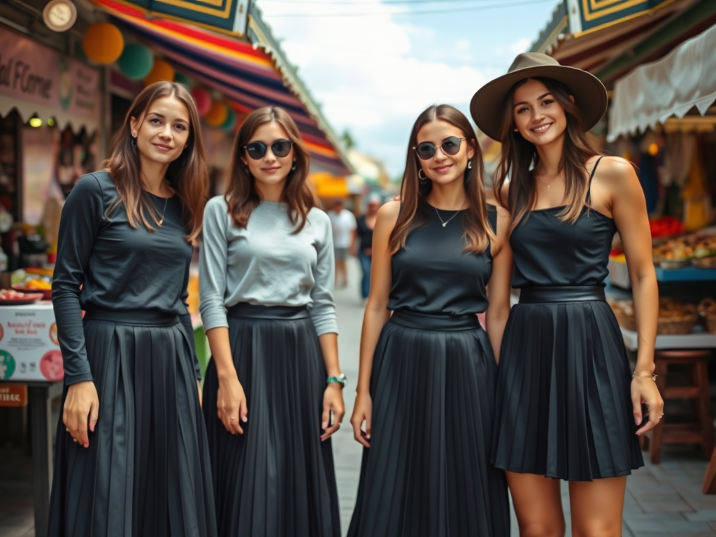 Quatre jeunes femmes posent ensemble dans un marché, vêtues de jupes noires et de tops assortis.