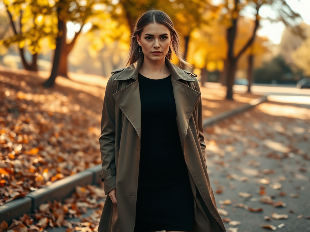 Une jeune femme avec un manteau sur une route bordée d'arbres, entourée de feuilles d'automne.