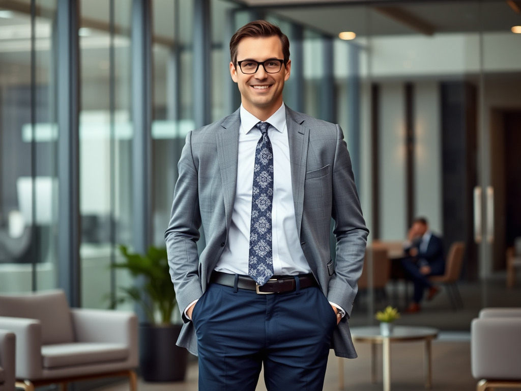 Un homme d'affaires souriant en costume dans un bureau moderne, avec des collègues en arrière-plan.